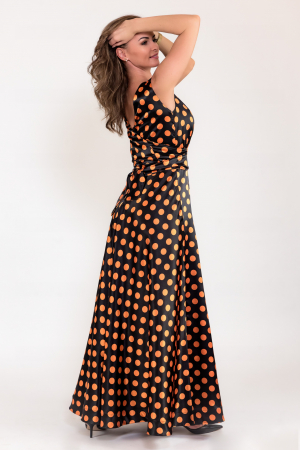 Rochii elegante - Rochie lunga din satin negru cu buline portocalii