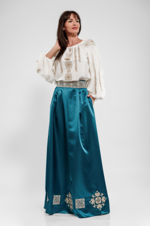 Broderii - Fusta lunga tafta verde cu broderie traditionala