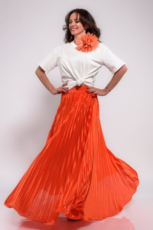 Fuste - Fusta plisata lunga satinata portocalie