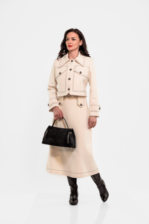 Compleuri - Fusta Effect crem midi, cusaturi ornamentale in contrast