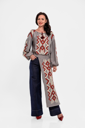 Fuste - Fota brodata gri cu nuante de burgundy plus ivory