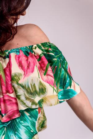 Rochie vascoza imprimeu tropical, volan pe umeri [5]