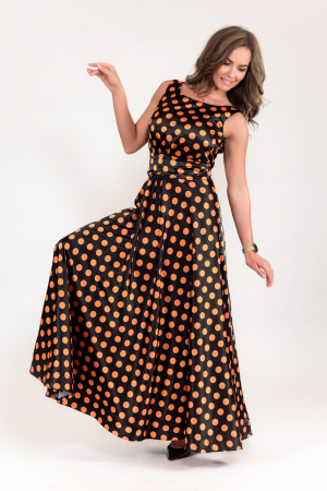 Rochii elegante - Rochie lunga din satin negru cu buline portocalii