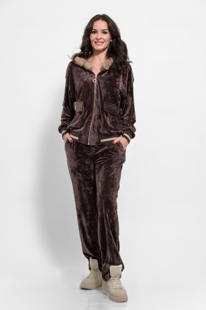 Rochii - Compleu casual catifea maro cu blanita