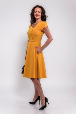 Rochii de zi - Rochie Effect eleganta   in clos cu decolteu asimetric, galben inchis