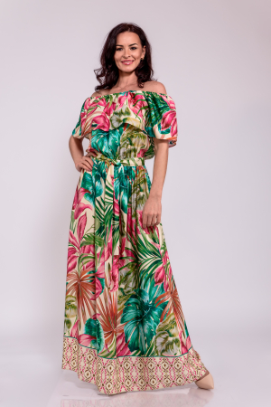 Rochii de zi - Rochie vascoza imprimeu tropical, volan pe umeri