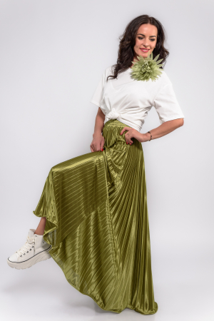 Fuste - Fusta plisata satinata  verde oliv