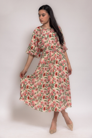 Rochii elegante - Rochie voal bej cu flori