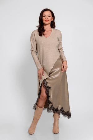 Compleuri cu fustă - Compleu rochie cu pulover asimetric_bej