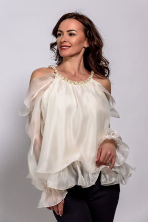 Bluza luxury voal satinat crem cu perle si strasuri la gat [4]