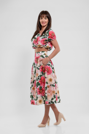 Rochii de zi - Fusta print flori mari, buzunare laterale