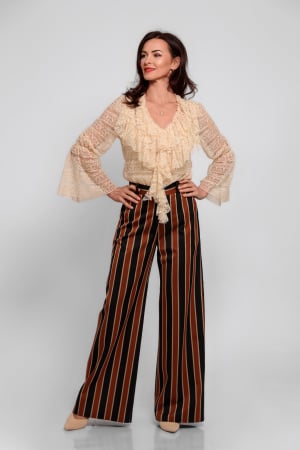 Pantaloni - Pantalon palazzo din bumbac 100% cu dungi negru-maro-bej