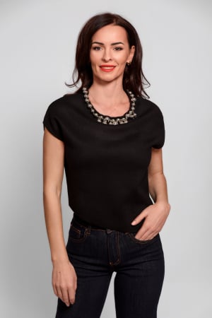 Pulovere - Bluza din tricot fin, asimetrica  cu colier statement