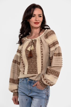 Bluza Effect tip ie cu broderie maro si dantela din bumbac crem [1]