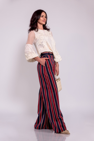 Pantalon palazzo  din bumbac cu dungi bleumarin - burgundi - bej [1]