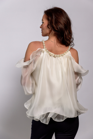 Bluza luxury voal satinat crem cu perle si strasuri la gat [3]