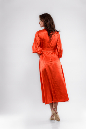 Rochie corai tripluvoal  satinat cu buline si floare supradimensionata [4]