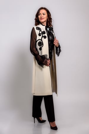 Veste brodate - Vesta eleganta Effect stofa ivoire cu broderie handmade din snur negru