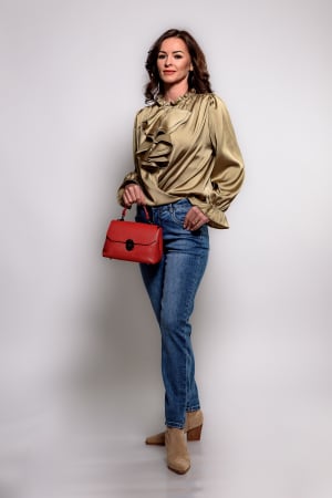 Bluze elegante - Bluza satin olive cu jabou