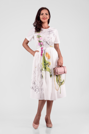 Rochii - Rochie midi din poplin alb, captusita, cu imprimeu floral stilizat si curea imbracata