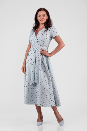 Rochii - Rochie midi bleu cu buline mici ciocolatii-eleganta clasica cu un aer retro