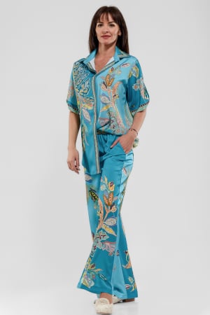 Compleuri cu pantaloni - Compleu turcoaz satin imprimat