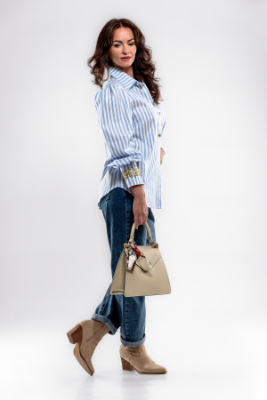 Camasa oversize cu dungi bleu-alb si detalii vintage aurii [3]