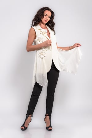 Veste - Vesta  Effect din stofa ivory cu flori handmade
