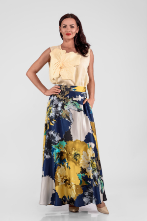 Fuste - Fusta clos lunga vascoza 100% cu imprimeu floral maxi  galben cu bleumarin