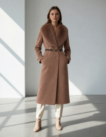 Paltoane - Palton Elegant din lana, nuanta bej/camel, cu guler din blana detasabil