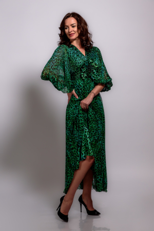 Rochii elegante - Rochie midi verde cu imprimeu animal print si floare supradimensionata