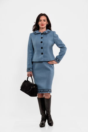 Compleuri - Compleu Effect  stofa bleu cu guler rotund si broderie