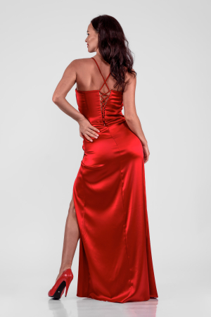 Rochie lunga  din tafta  rosu intens cu inchidere tip corset si slit adanc  pe picior [1]