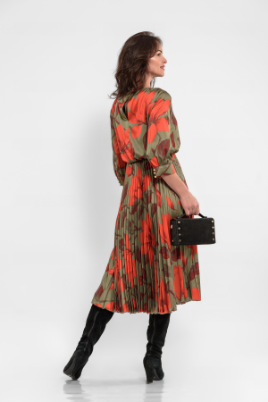 Rochie tripluvoal satinat cu flori mari oliv-caramiziu [1]