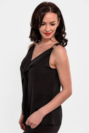 Bluze elegante - Maieu negru cu volan in fata si accesoriu auriu