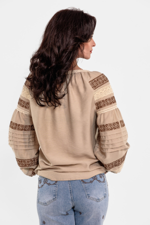 Bluza Effect tip ie cu broderie maro si dantela din bumbac crem [3]