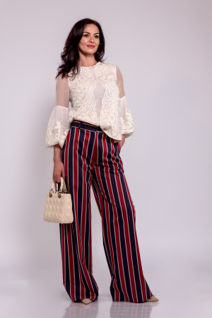 Pantaloni - Pantalon palazzo  din bumbac cu dungi bleumarin - burgundi - bej