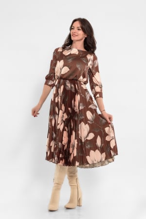 Rochii de zi - Rochie tripluvoal satinat cu flori mari bej si maro
