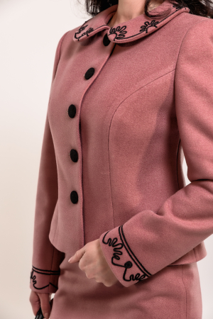 Compleu Effect roz  vintage cu guleras rotund si broderie din snur [3]