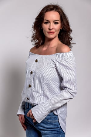 Camasi - Bluza  Effect trendy  din poplin cu dungi fine si elastic la umeri