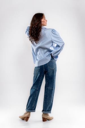 Camasa poplin bumbac 100% cu dungi fine alb-bleu si aplicatii cu perle [5]