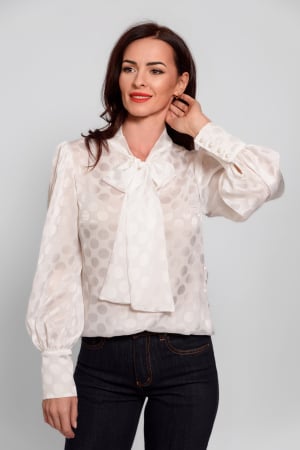 Bluze elegante - Bluza Effect eleganta ivory, imprimeu fin cu buline si funda