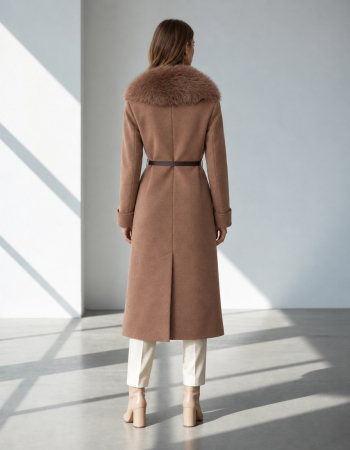 Palton Elegant din lana, nuanta bej/camel, cu guler din blana detasabil [1]