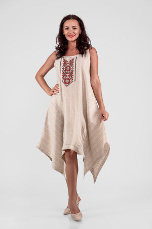 Rochii de in - Rochie din in natur cu broderie traditionala si croiala asimetrica