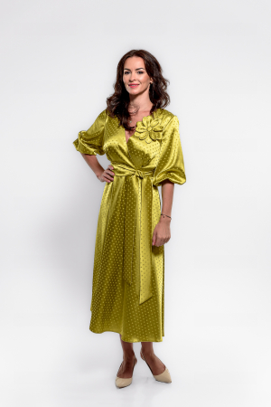 Rochie lime  tripluvoal satinat cu buline si floare supradimensionata [1]