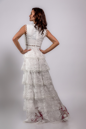 Rochie alba lunga glamour de ocazie din dantela cu detalii pretioase [1]