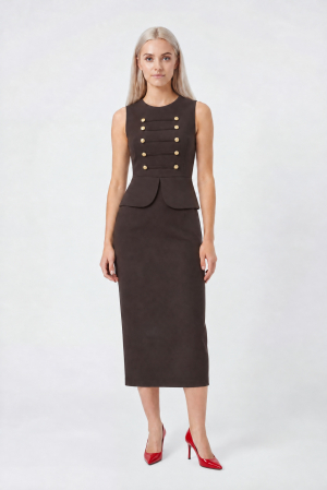 Rochii de zi - Rochie maro midi tip creion cu peplum in talie accesorizata cu nasturi aurii