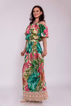 Rochie vascoza imprimeu tropical, volan pe umeri [1]