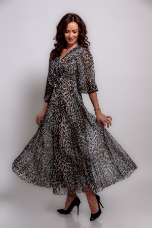 Rochii elegante - Rochie midi voal animal print cu floare supradimensionata