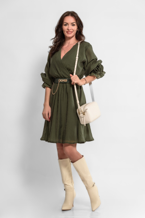 Rochii elegante - Rochie verde oliv cu trandafiri handmade la maneci